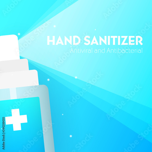 Hand Sanitizer gel ads. Antibacterial effect, antiseptic hand gel in bottles. Vector Illustration.