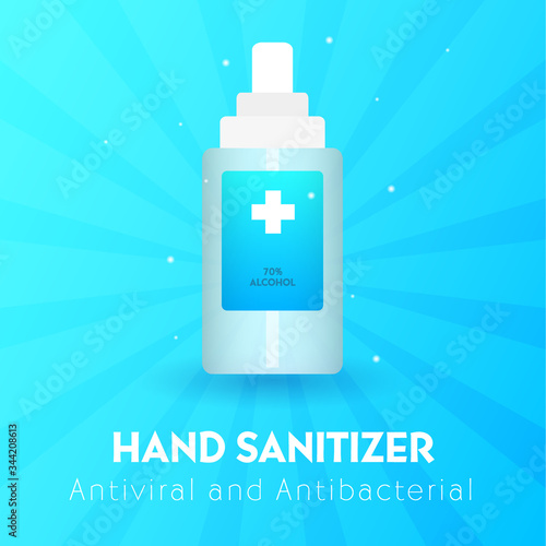 Hand Sanitizer gel ads. Antibacterial effect, antiseptic hand gel in bottles. Vector Illustration.