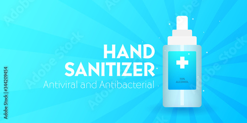 Hand Sanitizer gel ads. Antibacterial effect, antiseptic hand gel in bottles. Vector Illustration.