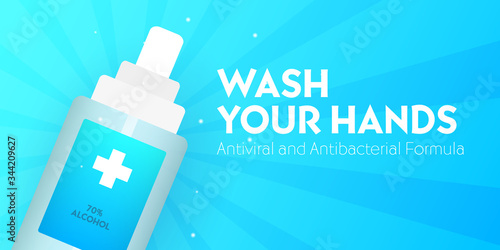 Hand Sanitizer gel ads. Antibacterial effect, antiseptic hand gel in bottles. Vector Illustration.