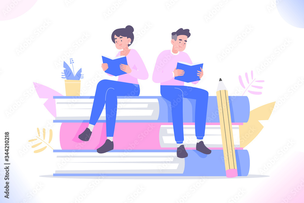Book reading concept, young people or students sitting on pile of books and reading books. Education, preparing and studying for exam. Literature lovers or bookworms metaphor, vector illustration