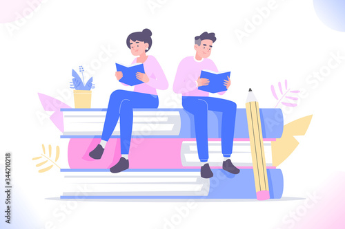 Book reading concept, young people or students sitting on pile of books and reading books. Education, preparing and studying for exam. Literature lovers or bookworms metaphor, vector illustration