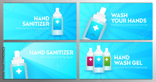 Set of banners. Hand Sanitizer gel ads. Antibacterial effect, antiseptic hand gel in bottles. Vector Illustration.
