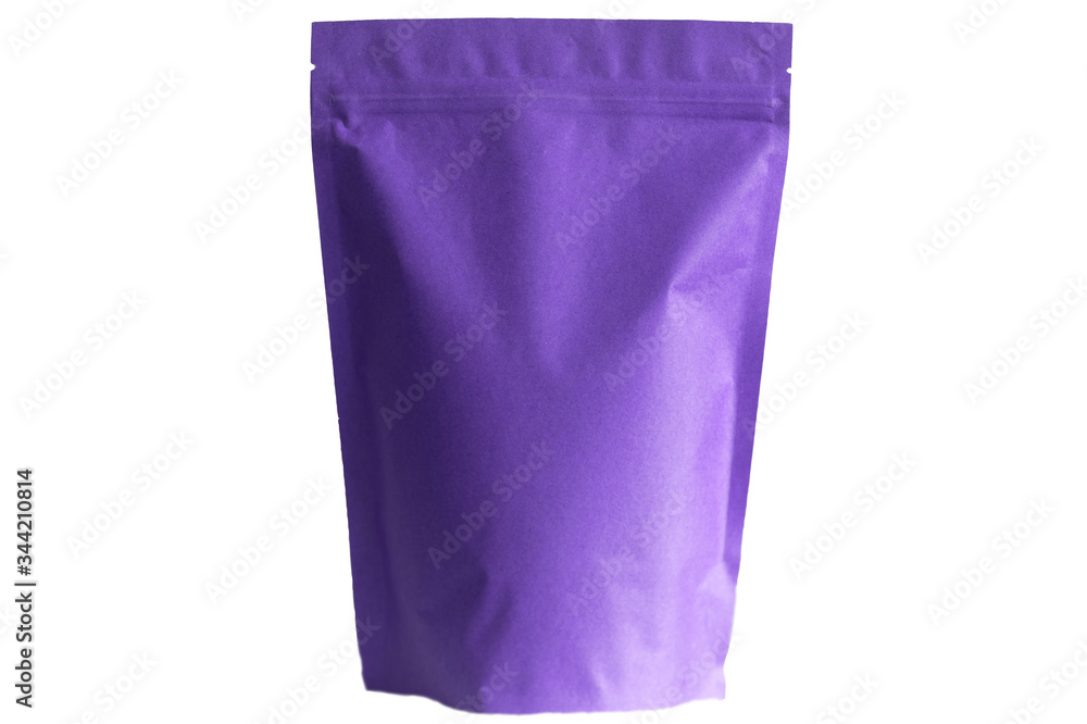 purple paper standup coffee bag with zipper on white background purple paper standup coffee bag with zipper on white background
