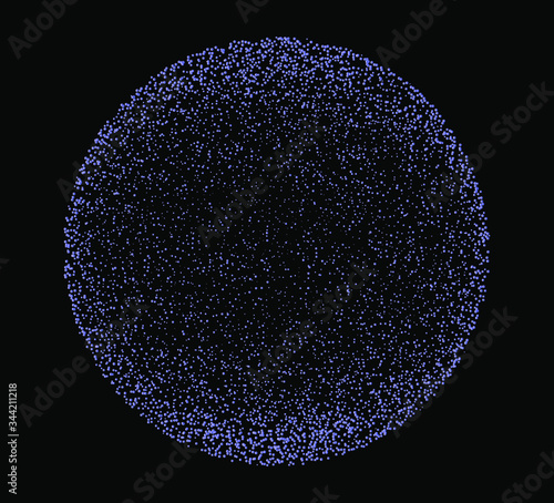 Dotted sphere, globe made of particles on dark background. Conceptual abstract image of high tech systems, science, cosmic bodies.