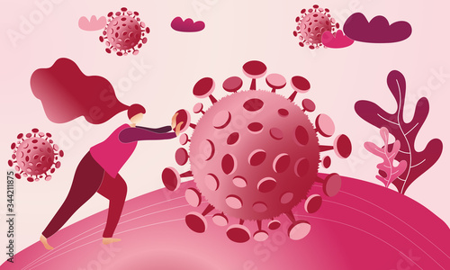 Woman is leaning on the coronavirus and pushing it away. Fight Covid-19 concept illustration. Stay safe and be careful in pandemic time. Abstract pink vector.
