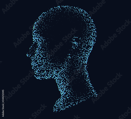 Silhouette of a human head made of dots and particles. Conceptual image of AI (artificial intelligence), VR (virtual reality), Deep Learning and Face recognition systems.