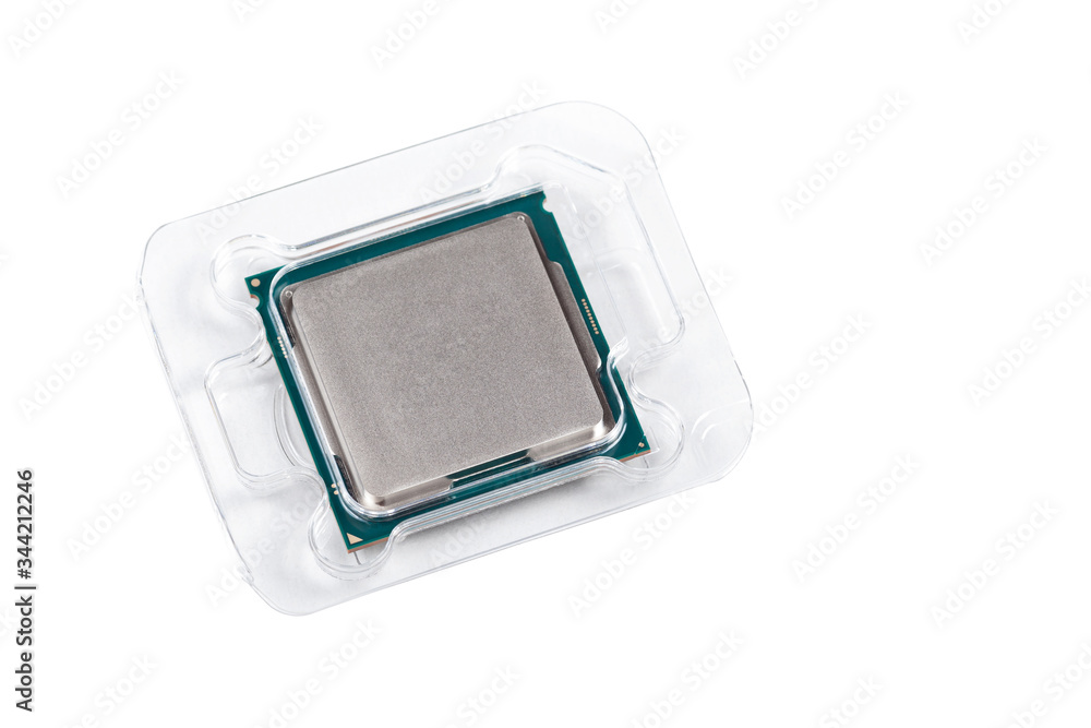 Blank factory new modern gaming cpu in plastic box retail packaging top view isolated on white, silver lid Brand new hi end processor technologies, freshly bought computer components, abstract concept Blank factory new modern gaming cpu in plastic box retail packaging top view isolated on white, silver lid Brand new hi end processor technologies, freshly bought computer components, abstract concept