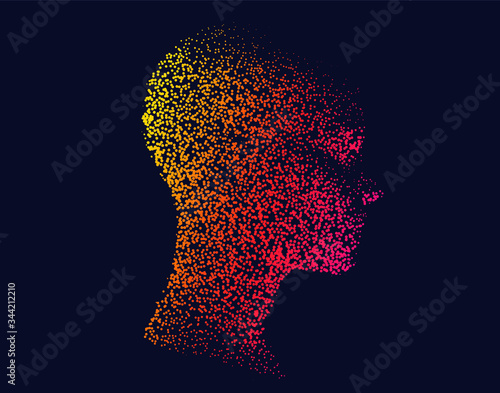 Silhouette of a human head made of dots and particles. Conceptual image of AI (artificial intelligence), VR (virtual reality), Deep Learning and Face recognition systems.