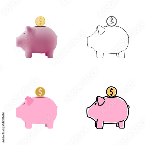 Set of piggy bank images in realistic, line art, outline, flat style. Deposite, money, coin. Vector illustration.