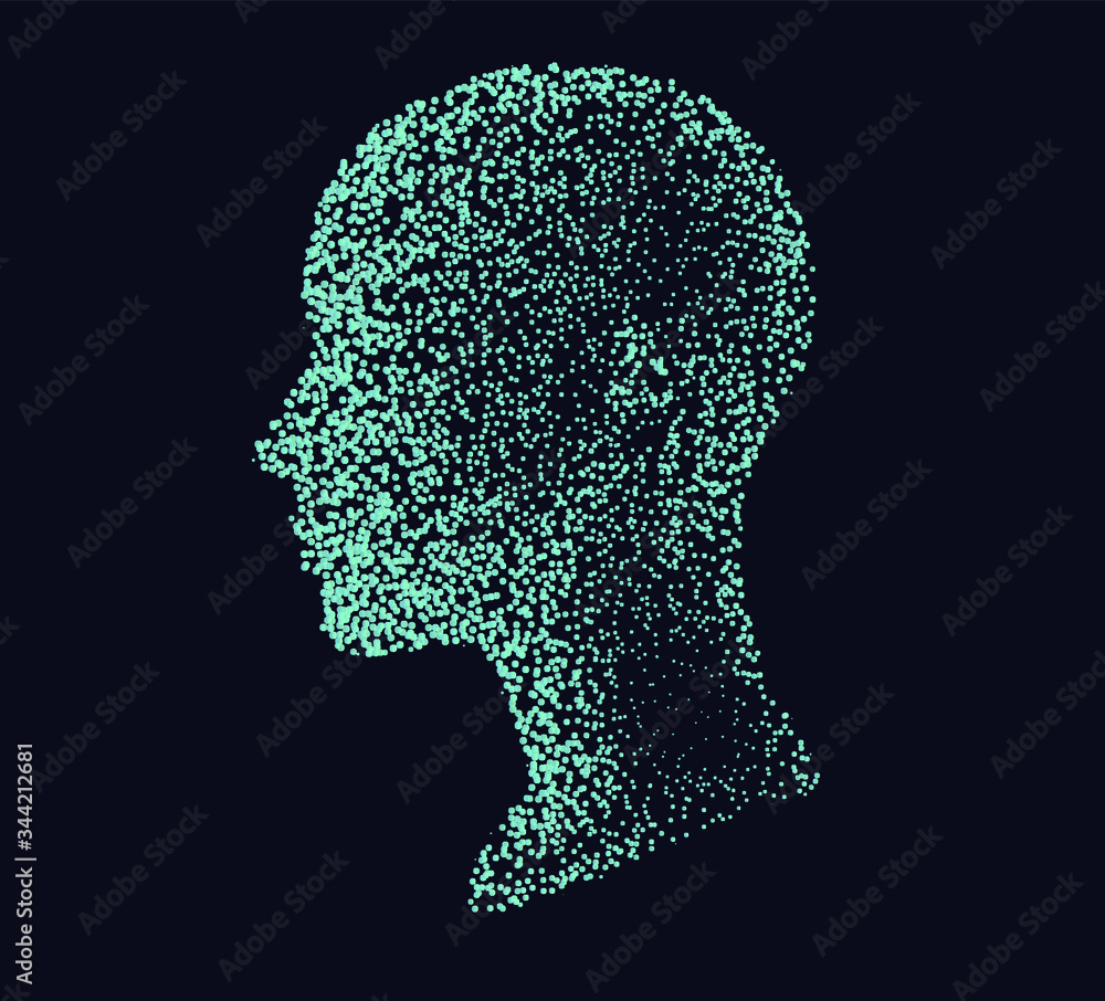 Silhouette of a human head made of dots and particles. Conceptual image ...