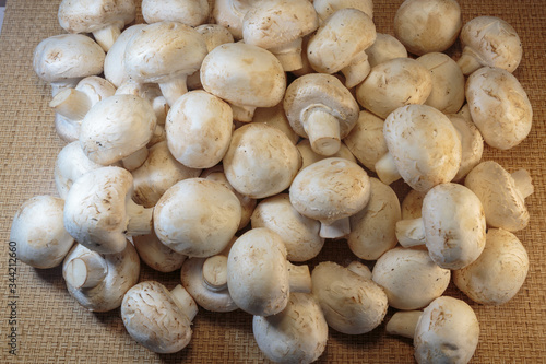 Raw champignons ready for cooking. Fresh mushrooms, as a concept of a diet or vegetarian food.
