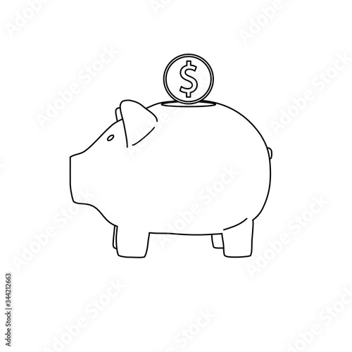 Piggy bank image in line art, outline style. Deposite, money, coin. Vector illustration.
