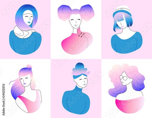 Collection of profile avatar, heads of female, girl characters. Template woman face in outline, minimal portrait vector stock illustration. Set of diverse women flat contour. Modern gradient character
