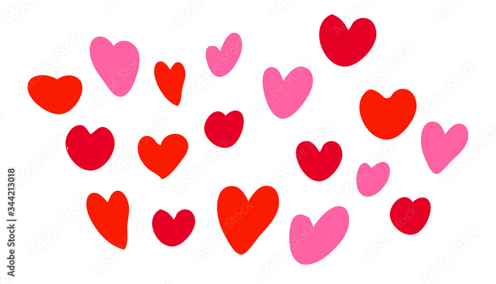 Set of hearts of different shapes and colours. Red and pink hearts isolate on white background. Vector Illustration. 