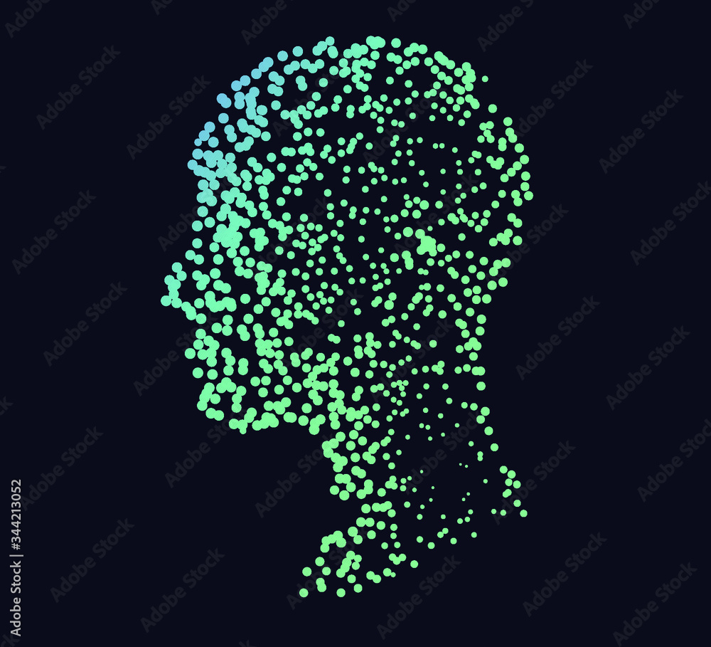 Silhouette of a human head made of dots and particles. Conceptual image ...