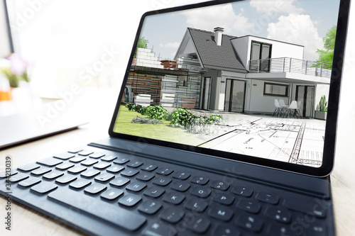 Présentation d'un projet d'architecte de construction d'une maison individuelle 3D sur ordinateur portable