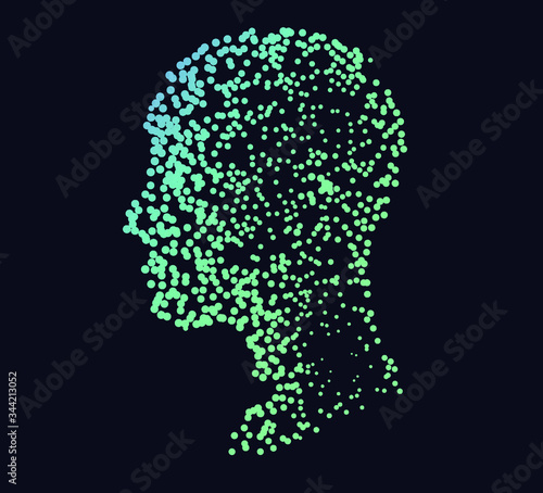 Silhouette of a human head made of dots and particles. Conceptual image of AI (artificial intelligence), VR (virtual reality), Deep Learning and Face recognition systems.
