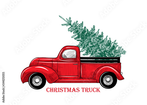 .Christmas truck. Vintage vector illustration Christmas red truck with a Christmas tree on a white background. Retro card. Color sketch.