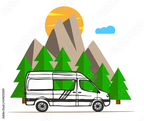 White van with forest and mountains in the background. Living van life, camping in the nature, travelling. Vector Illustration. 