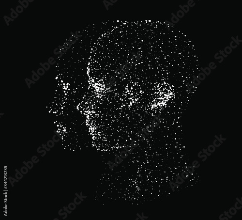Silhouette of a human head made of dots and particles. Conceptual image of AI (artificial intelligence), VR (virtual reality), Deep Learning and Face recognition systems.
