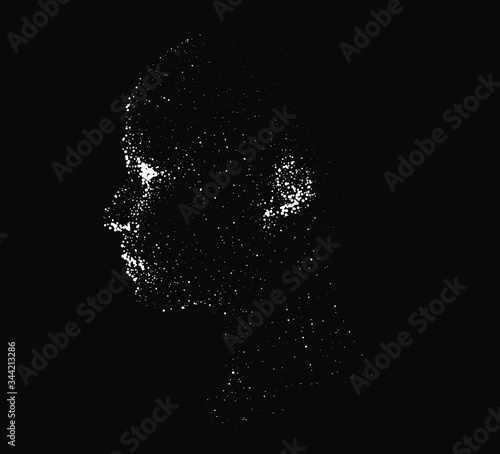 Silhouette of a human head made of dots and particles. Conceptual image of AI (artificial intelligence), VR (virtual reality), Deep Learning and Face recognition systems.