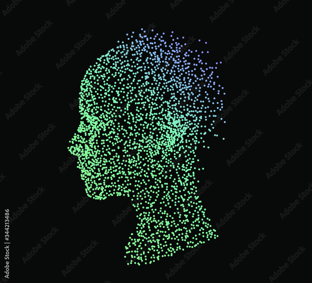 Silhouette of a human head made of dots and particles. Conceptual image ...
