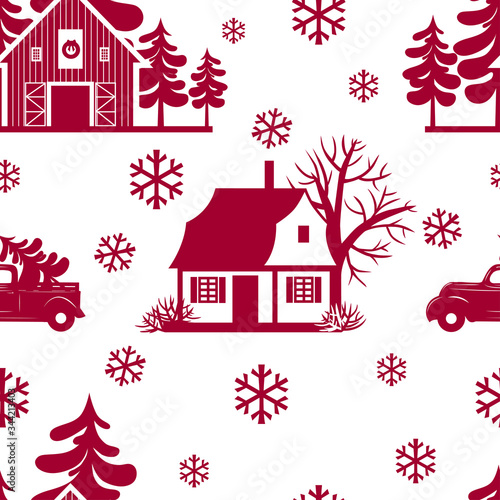 .Landscape with forest, Christmas tree farm, Christmas truck, house and snowflakes on a white background.Vector seamless pattern. New year illustration.
