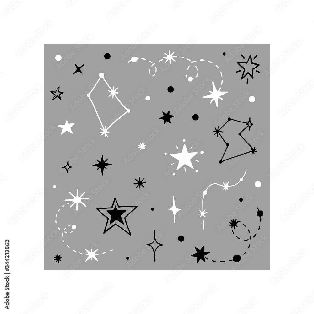 Vector collection of night sky elements. For the design of surfaces, prints, wrapping paper, cards, posters, banners, printing. Theme space, Cosmonautics Day, astronomy, stars