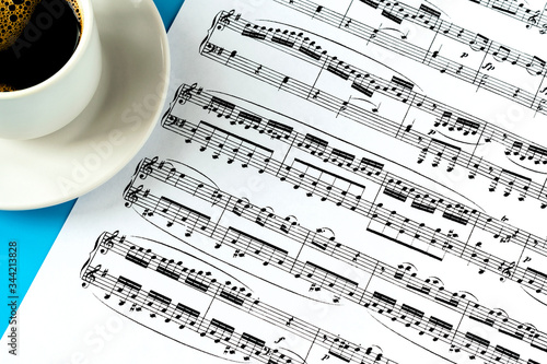 Paris, France - April 29, 2020. cup with coffee on a white saucer and a sheet with musical notes on a blue background. musical pause