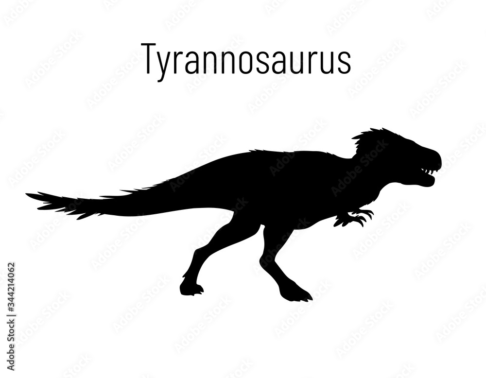 Tyrannosaurus. Theropoda dinosaur. Monochrome vector illustration of silhouette of prehistoric creature tyrannosaurus isolated on white background. Stencil. Fossil dinosaur. T-Rex.