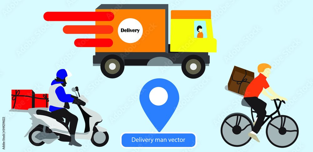  flat vector illustration of delivery service concept. Courier, Delivery man and bicycle courier.