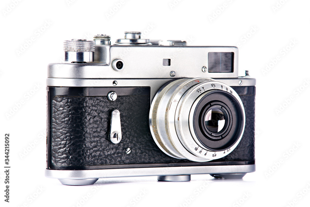 Old retro rangefinder camera isolated white Old retro rangefinder camera isolated white