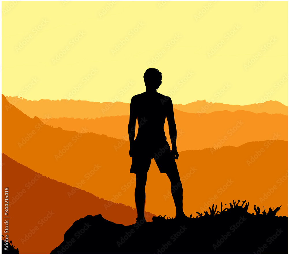 Black silhouette of man standing on the top of the hill, enjoying beautiful sunset, orange background. Illustration. 