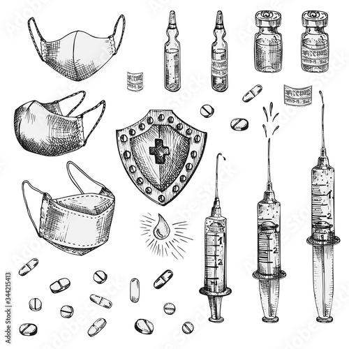 Set of ink sketch medical icon mask, pills, syringes, injections, drugs, thermometer, sanitizer, scissors isolated on white background, Medicine tools and equipment. Vintage engraving style