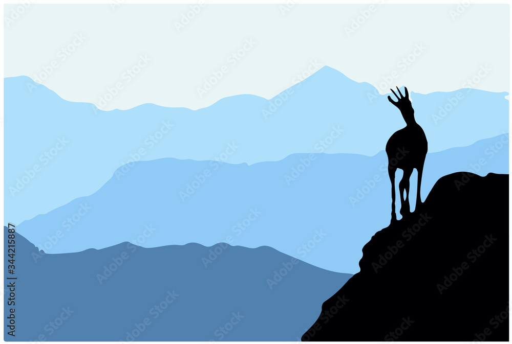 A chamois stands on top of a hill with mountains in the background. Black silhouette with blue background. Vector illustration.