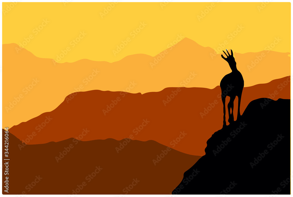A chamois stands on top of a hill with mountains in the background. Black silhouette with brown and orange background. Illustration.