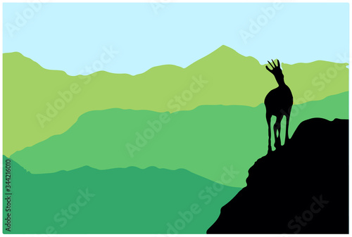 A chamois stands on top of a hill with mountains in the background. Black silhouette with green and yellow background. Vector illustration.