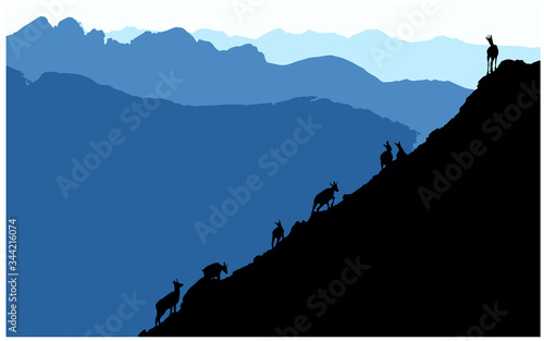 Black silhouettes of chamois climbing uphill, mountains in the background. Vector illustration.