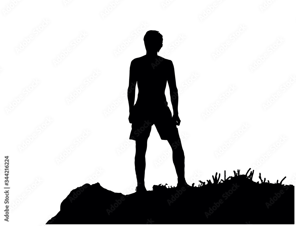 Black silhouette of man standing on the top of the hill, enjoying beautiful view. Vector illustration, isolated on white background. Black silhouette of man standing on the top of the hill, enjoying beautiful view. Vector illustration, isolated on white background.
