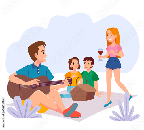  Picnic in Nature. Vector Table with Food and Drinks  Grill with Meat. Happy Summer Barbeque Illustration. Flat cartoon colorful vector illustration.