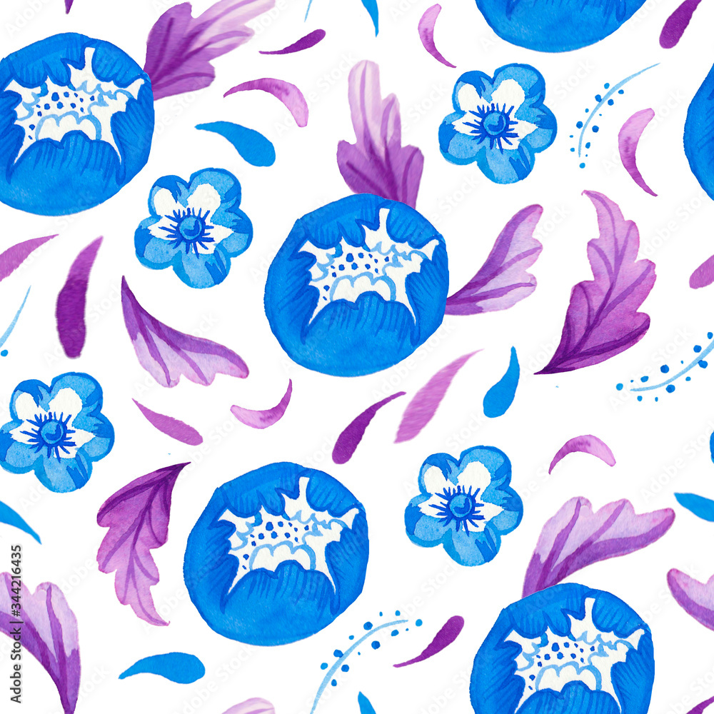 Fototapeta premium Watercolor seamless pattern with abstract flowers with leaves in blue and purple