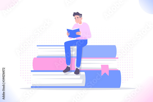 Book reading concept, young man or student sitting on pile of books and reading book. Education, preparing and studying for exam. Literature lover or bookworm metaphor, vector illustration