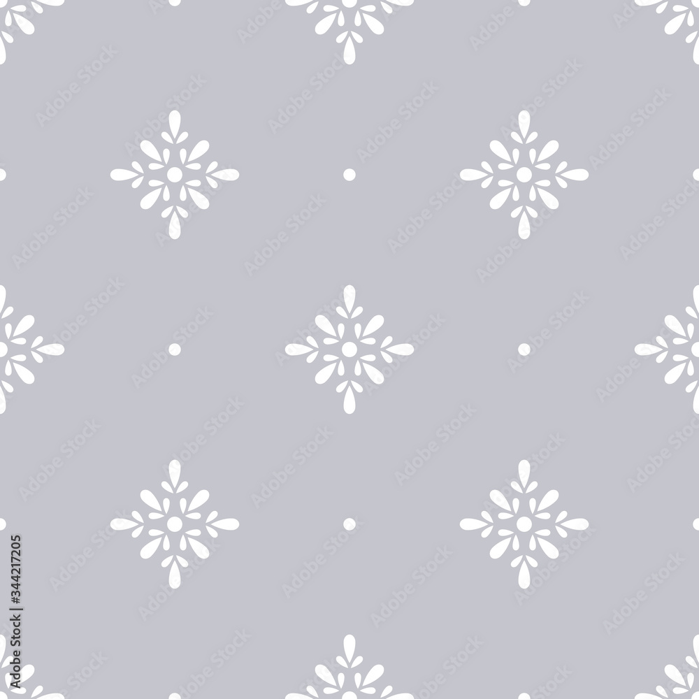 Floral polka dot geometric seamless pattern. White simple vector flowers on gray background. Simple vector geometric illustration. Polka dot abstract design for printing on textile, fabric, paper