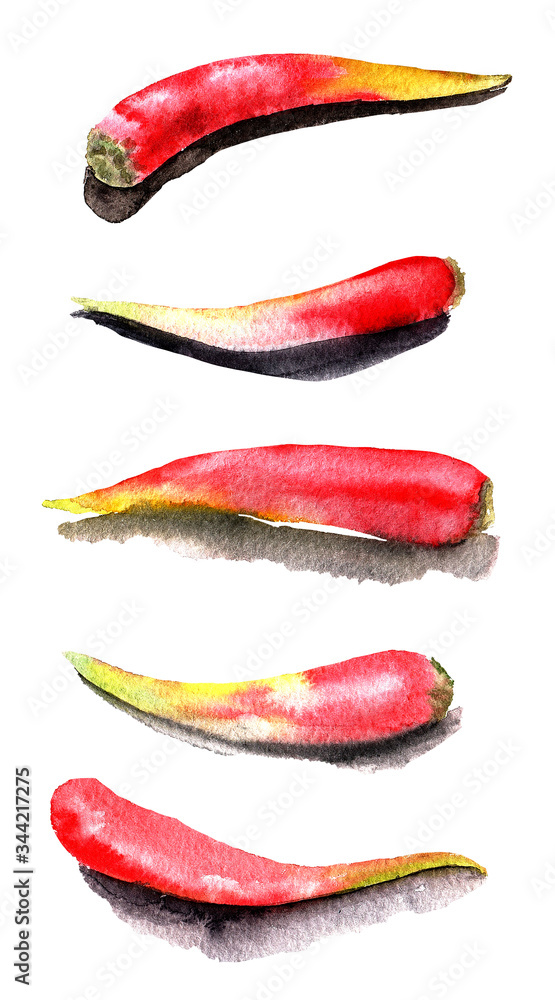 set of watercolor hot chili peppers isolated