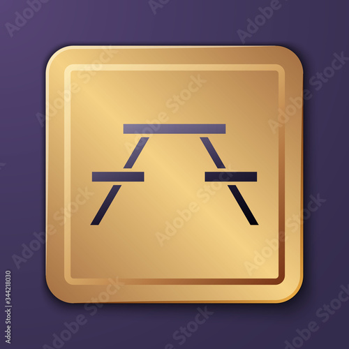 Purple Picnic table with benches on either side of the table icon isolated on purple background. Gold square button. Vector Illustration