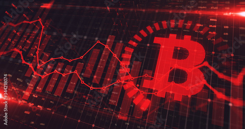 Stock market Bitcoin trading graph in red color as economy 3D illustration background. Trading trends and economic statistics.