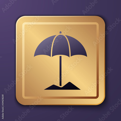 Purple Sun protective umbrella for beach icon isolated on purple background. Large parasol for outdoor space. Beach umbrella. Gold square button. Vector Illustration