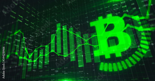Stock market Bitcoin trading graph in green color as economy 3D illustration background. Trading trends and economic statistics.