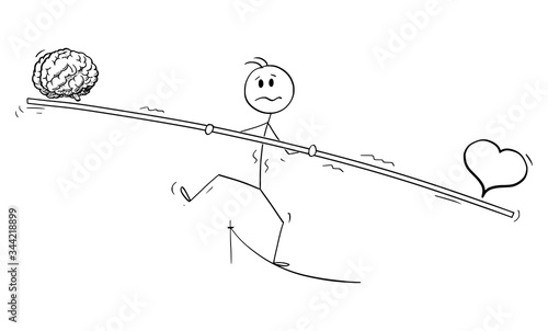 Vector cartoon stick figure drawing conceptual illustration of man or businessman tightrope walker walking on rope with bar. Balancing heart and brain.